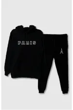 2'li Paris Unisex Siyah Kapüşonlu Sweatshirt Ve Eşofman Kombin Bubu Sweathshirt
