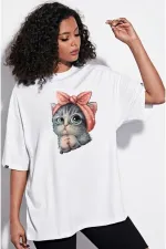 White Unisex Cute Little Cat Printed Cotton Crew Neck Boyfriend Knitted Oversize T-Shirt White Unisex Cute Little Cat Printed Cotton Crew Neck Boyfriend Knitted Oversize T-Shirt