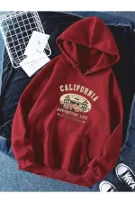 Kapüşonlu Kanguru Cepli California Baskılı Oversı Sweatshırt -kırmızı Renk