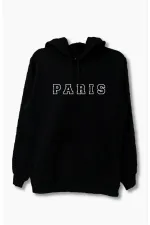 2'li Paris Unisex Siyah Kapüşonlu Sweatshirt Ve Eşofman Kombin Bubu Sweathshirt