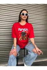 Oversized NASA Teddy Bear Printed Unisex Red T-shirt