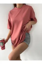 Unisex Somon Pembe Bisiklet Yaka Pamuk Oversize Boyfriend T-shirt