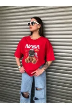 Oversized NASA Teddy Bear Printed Unisex Red T-shirt