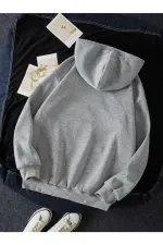 Trend Ahmet Kapüşonlu Kanguru Cepli California Baskılı Oversize Sweatshirt - Gri
