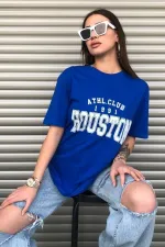 Houston Printed Women's Oversize Saks Blue Salas T-shirt Boyfriend