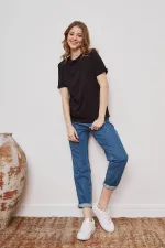 Kadın Siyah 2’li Paket Bisiklet Yaka Vatkalı Pamuklu Duble Kol Basic T-shirt