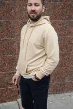 Erkek Krem Uzun Kollu Kapüşonlu Üst Kanguru Cepli Sweatshirt