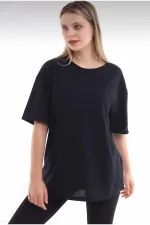 Unisex Pamuk Bisiklet Yaka Boyfriend Siyah Örme Oversize T-shirt