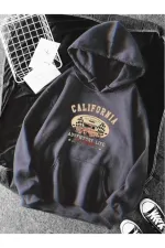 Hooded Kangaroo Pocket California Printed Oversized Sweatshirt - Blue