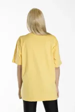 Women's Yellow Front Masked Cat Printed Crew Neck Oversize Cotton T-shirt