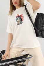 T-shirt oversize unisexe en coton écru à imprimé petit chat mignon, col ras du cou, coupe boyfriend