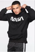Siyah Erkek Nasa Baskı Kapüşonlu Sweatshirt