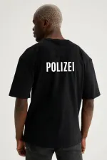 Men's Black Color Oversize Polizei Printed T-shirt