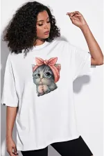 White Unisex Cute Little Cat Printed Cotton Crew Neck Boyfriend Knitted Oversize T-Shirt