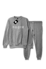 2'li Paris Unisex Gri Kapüşonlu Sweatshirt Ve Eşofman Kombin