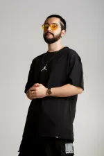 Erkek Siyah Oversize Baskılı Aır T-shirt