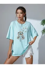 Çiçek Desenli Kadın Oversize Tshirt