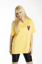 Women's Yellow Front Masked Cat Printed Crew Neck Oversize Cotton T-shirt