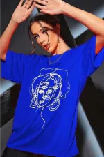 Kadın Sax Mavi Yüz Baskı Detaylı Oversize T-shirt