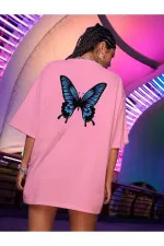 T-shirt rose, T-shirt oversize en coton peigné imprimé papillon bleu