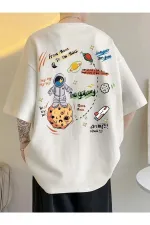 Unisex White Oversized Crew Neck T-shirt with Planet Print on the Back