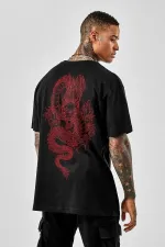 LUNAVISTA Oversize Dragon Baskılı Siyah Tshirt OVRSZTSHRT12