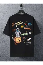 Unisex Black Oversized Crew Neck T-shirt with Planet Print on the Back