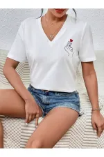 V-neck Printed Women's Oversize Black T-shirt