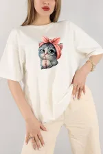 T-shirt oversize unisexe en coton écru à imprimé petit chat mignon, col ras du cou, coupe boyfriend