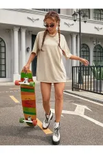 Unisex Beige Crew Neck Cotton Oversize Boyfriend T-shirt