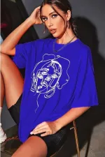 Kadın Sax Mavi Yüz Baskı Detaylı Oversize T-shirt