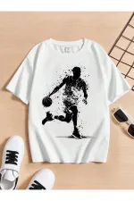 T-shirt enfant blanc imprimé joueur de basket-ball