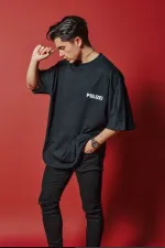 Men's Black Color Oversize Polizei Printed T-shirt