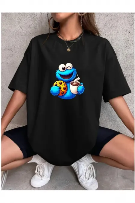 Cookie Monster Design T-Shirt Oversize-Black