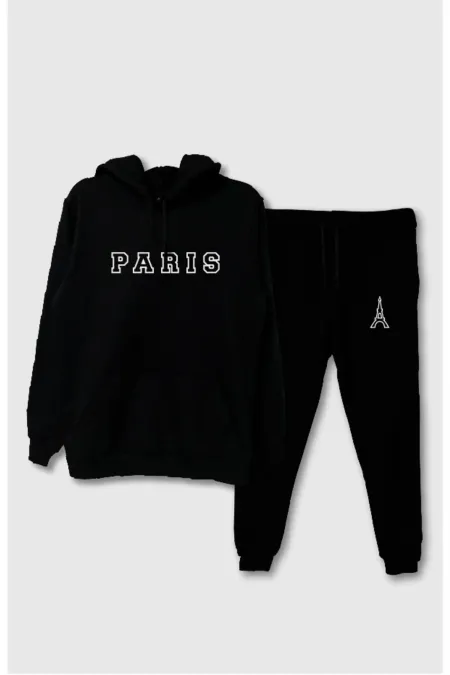 2'li Paris Unisex Siyah Kapüşonlu Sweatshirt Ve Eşofman Kombin Bubu Sweathshirt