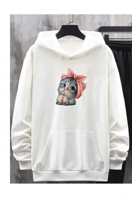 Cat Printed White Sweater