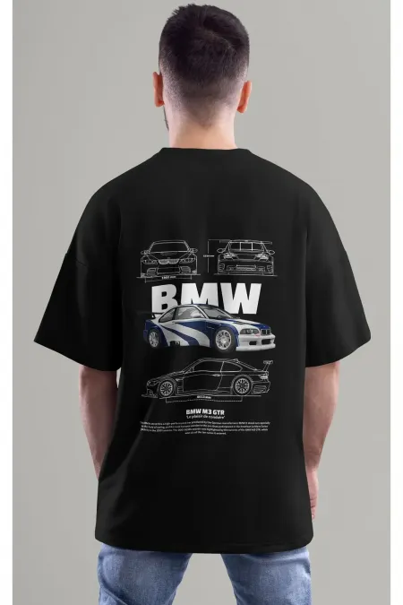 Unisex Erkek/Kadın BMW M3 GTR Renkli Özel Baskılı Oversize Pamuklu Bisiklet Yaka T-Shirt Tişört