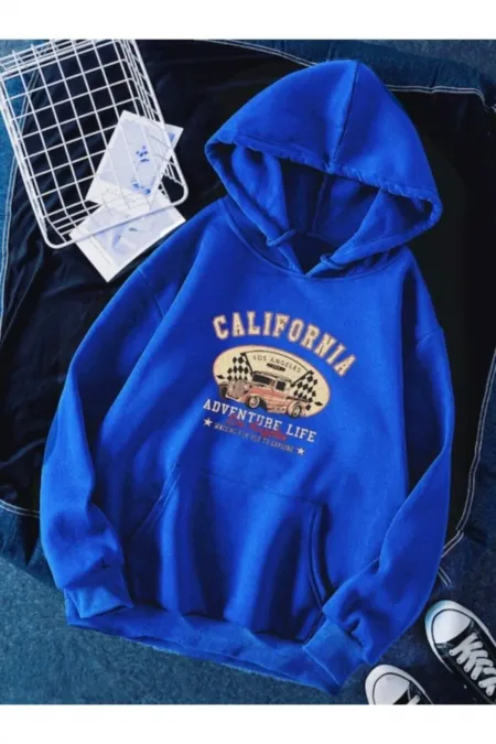 Kapüşonlu Kanguru Cepli California Baskılı Oversıze Sweatshırt -mavi Renk