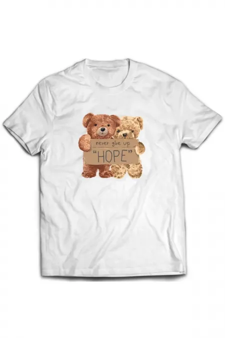 Beyaz Bear Hope Never Give Up Tişört