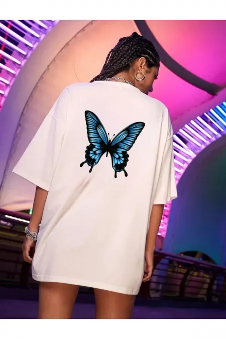 White T-Shirt, Blue Butterfly Printed Oversize Combed Cotton T-shirt