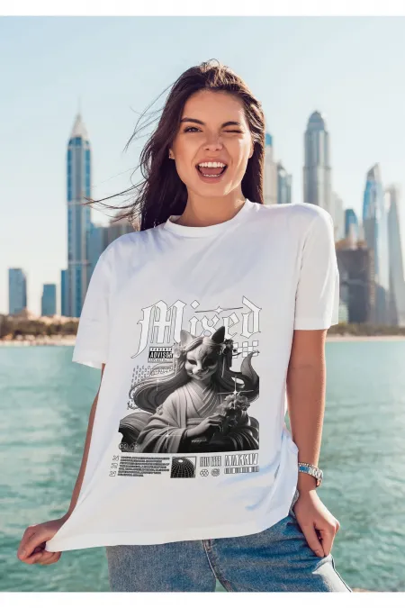 Unisex Erkek/Kadın MIXED Renkli Özel Baskılı Oversize Pamuklu Bisiklet Yaka T-Shirt Tişört