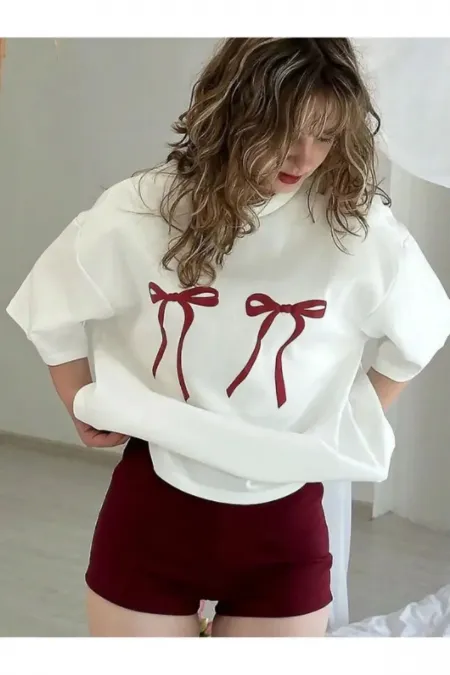 Unisex Men/Women RIBBON Burgundy Colored Custom Printed Oversize Crew Neck T-Shirt