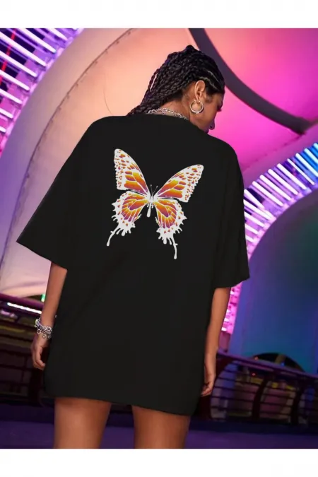 Black T-Shirt, Orange Butterfly Printed Oversize Combed Cotton T-shirt