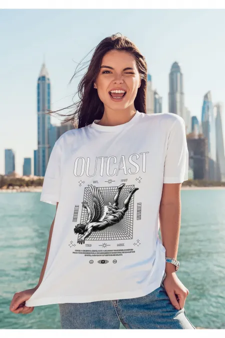 Unisex Erkek/Kadın OUTCAST Renkli Özel Baskılı Oversize Pamuklu Bisiklet Yaka T-Shirt Tişört