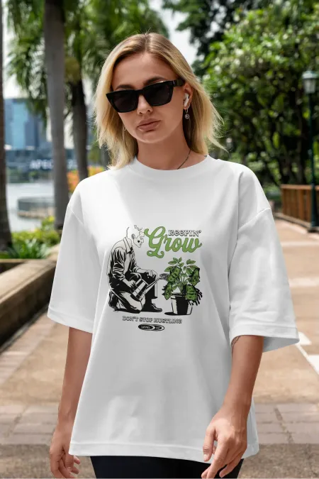 Unisex Erkek/Kadın GROW Renkli Özel Baskılı Oversize Pamuklu Bisiklet Yaka T-Shirt Tişört