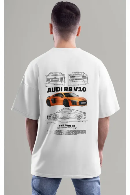 Unisex Erkek/Kadın AUDI R8 V10 Renkli Özel Baskılı Oversize Pamuklu Bisiklet Yaka T-Shirt Tişört