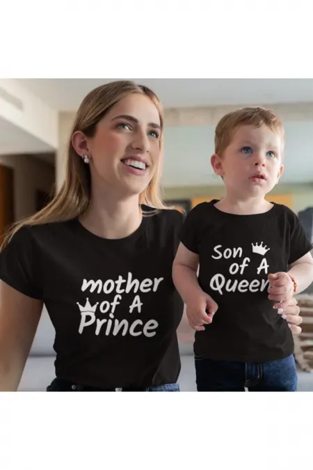 Anne Oğul Tişört Kombini Mother Of Prince Son Of Queen Baskılı Pamuklu Siyah T-shirt Kombini