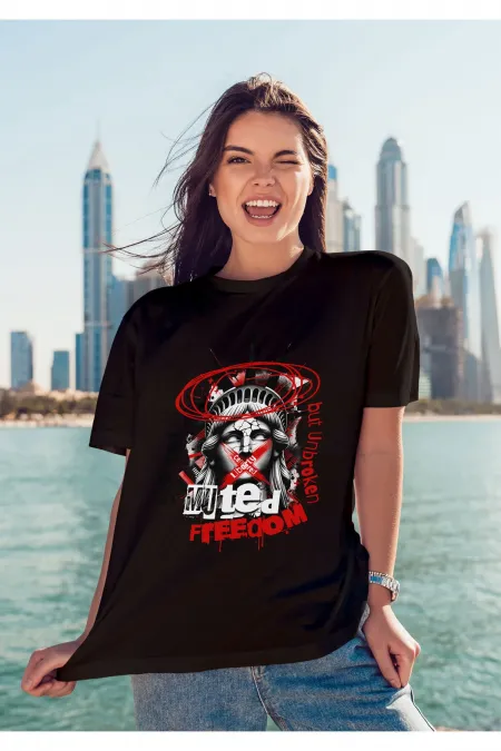Unisex Erkek/Kadın FREEDOM Renkli Özel Baskılı Oversize Pamuklu Bisiklet Yaka T-Shirt Tişört