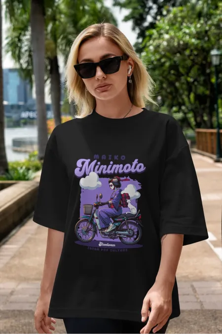 Unisex Erkek/Kadın MAIKO MINIMOTO Renkli Özel Baskılı Oversize Pamuklu Bisiklet Yaka T-Shirt Tişört