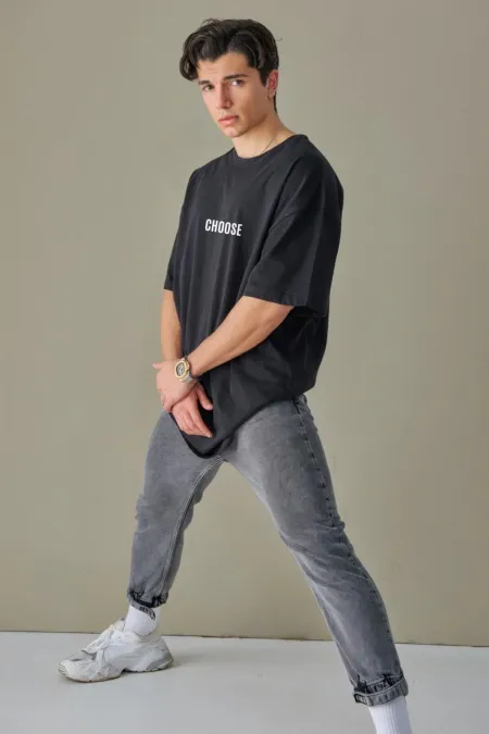 Men's Black Color Oversize Choose Printed T-shirt